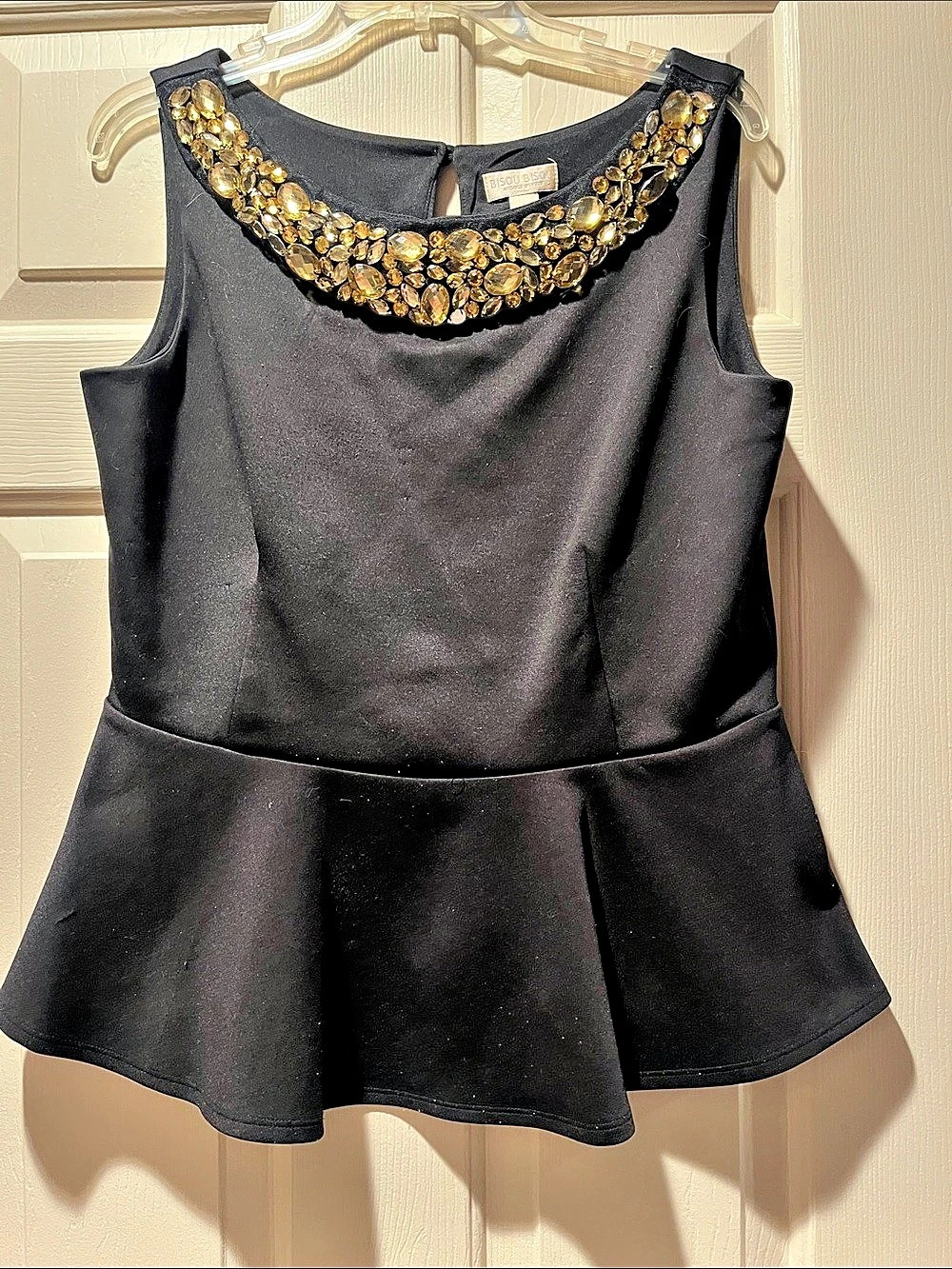 Bisou Embellished Peplum Top in Black Size large